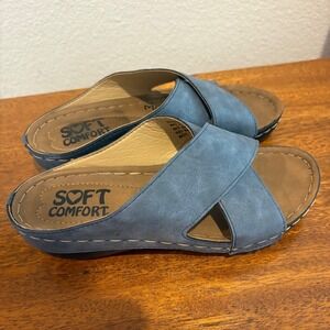 Soft Comfort Bandit Blue Memory Foam Wedge Slide Sandals Women's Size 6 Slip On